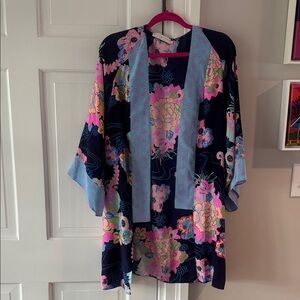 Floral Navy Kimono with Pink & Light Blue Accents